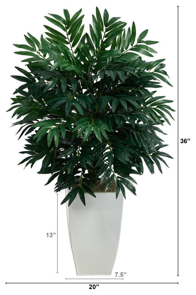 3' Bamboo Palm Artificial Plant, White Metal Planter