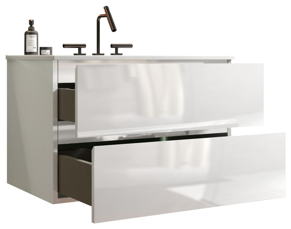 Wall-Mounted Bathroom Vanity Set with Ceramic Sink, White, 30"