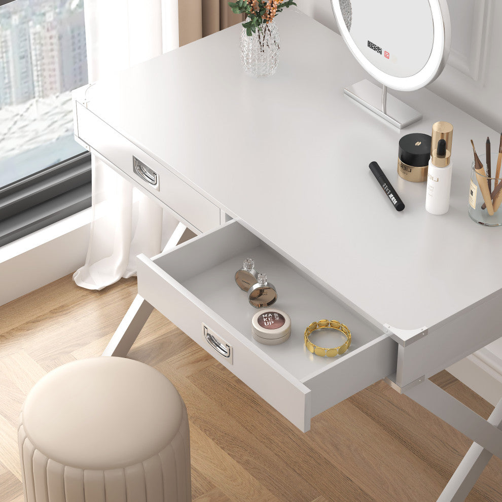 TATEUS Computer Desk with Storage, Solid Wood Desk with Drawers, White