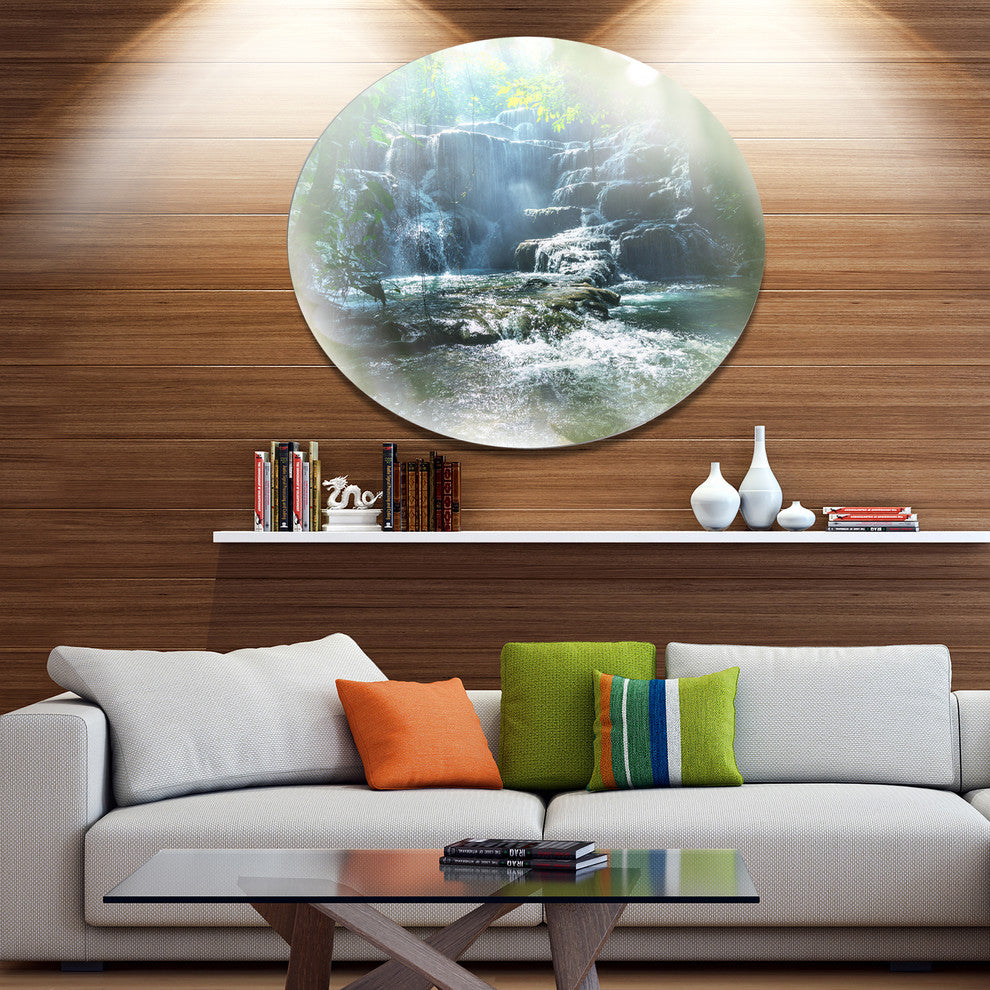 Fantastic Waterfall In Mexico Jungle, Landscape Disc Metal Artwork, 23"