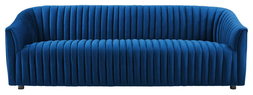Tufted Sofa, Blue Navy, Velvet, Modern, Mid Century Hotel Lounge Cafe Lobby