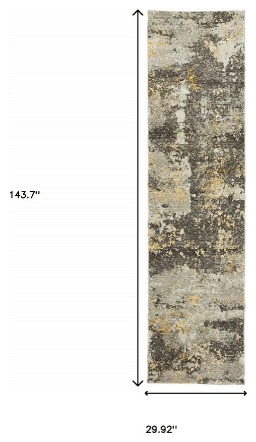 12' Runner Grey and Gold Abstract Power Loom Runner Rug