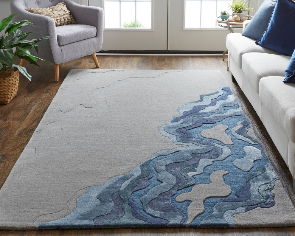 Weave & Wander Arwyn Modern Wool Rug, Gray/Blue, 2'x3'