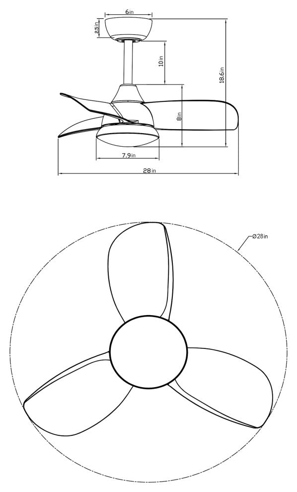 28 in Modern Ceiling fan with Remote Control, White