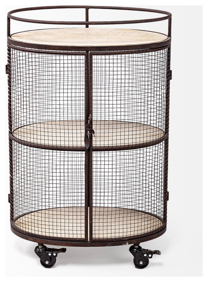 Saluti II Black Metal Oval Caged Frame w/ 3 Wood Shelves Bar Cart