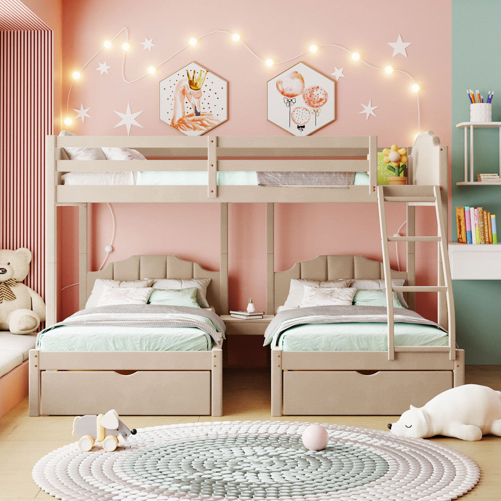 Gewnee Velvet Full Over Twin Triple Bunk Bed with Drawers in Beige