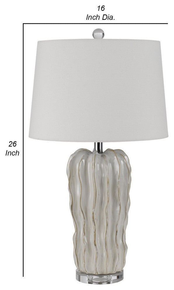 Benzara Accent Table Lamp, Hardback Fabric Shade, Embossed Ceramic, Pearl