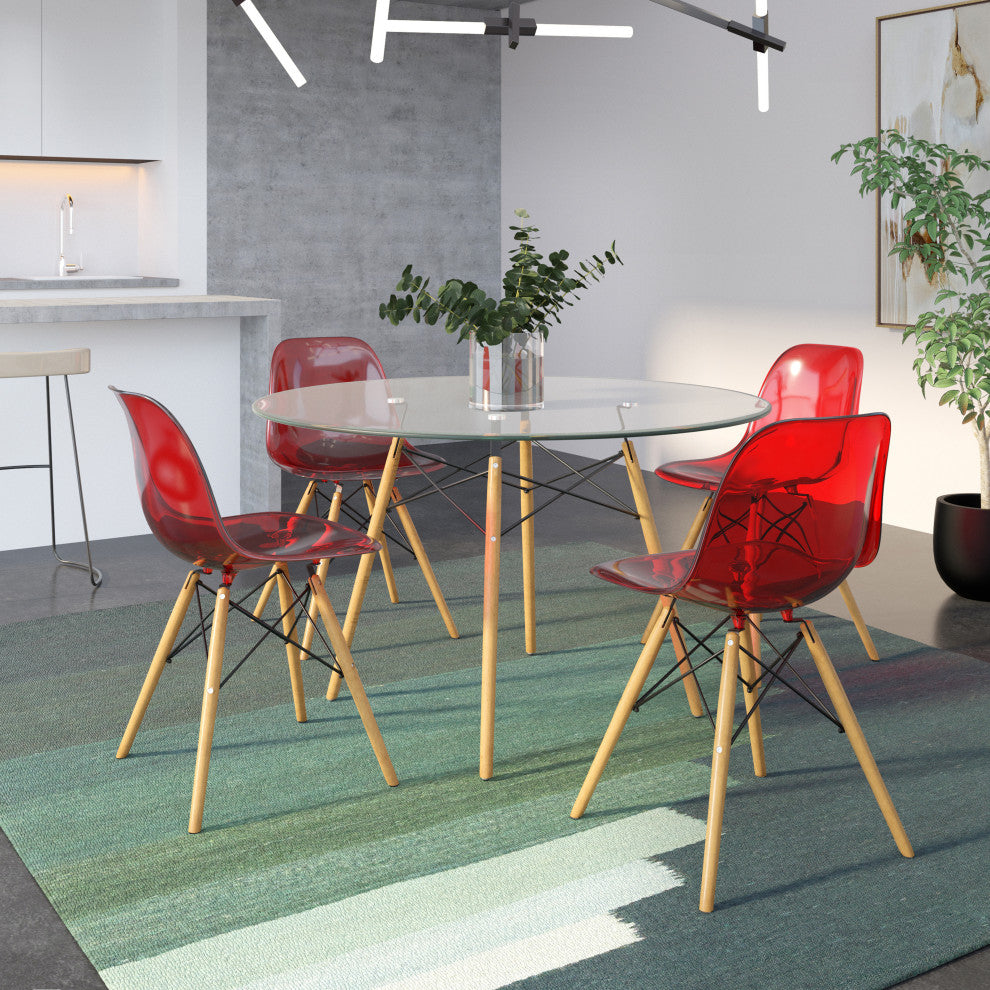 Dover Molded Dinin Side Chair, Wood Dowel Eiffel Base, Set of 4, Transparent Red