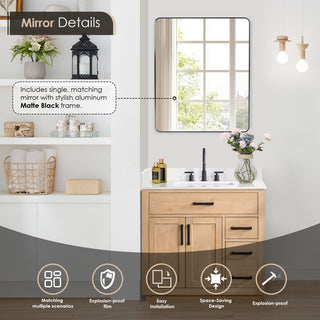 Gavino Vanity With Grain White Composite Stone Top, Light Brown/Matte Black, 36", With Mirror
