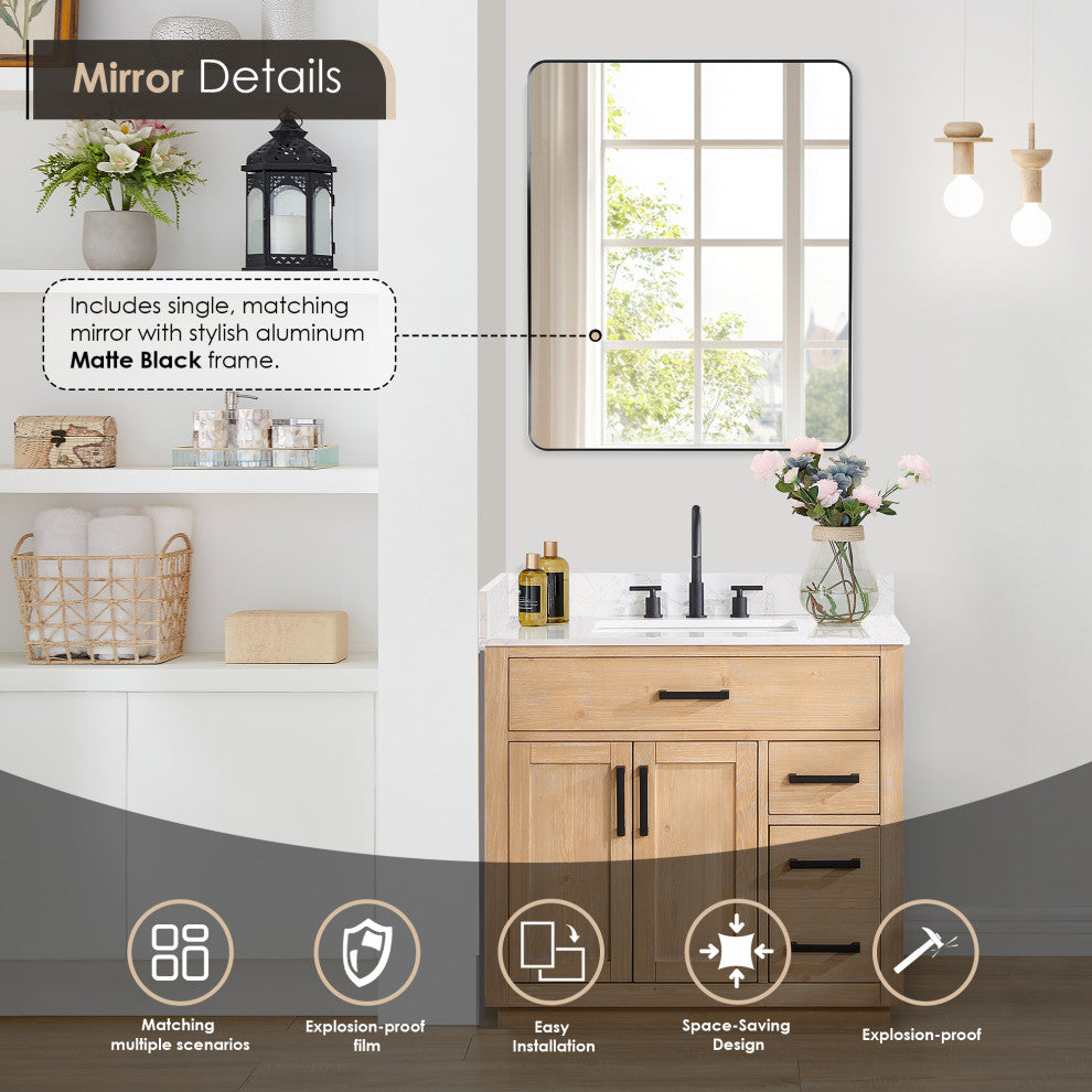 Gavino Vanity With Grain White Composite Stone Top, Light Brown/Matte Black, 36", With Mirror