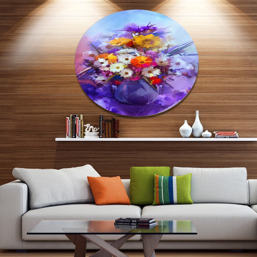 Watercolor Flowers In Purple Vase, Floral Disc Metal Wall Art, 36"