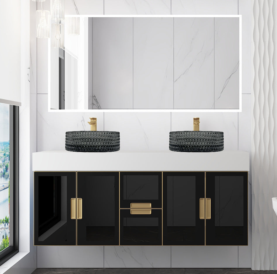 Modern Wall-Mount Vanity With Top & 16" Sink, Black, 60"