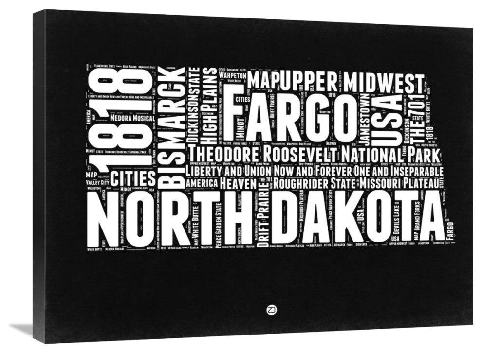 "North Dakota Black and White Map" Fine Art Print