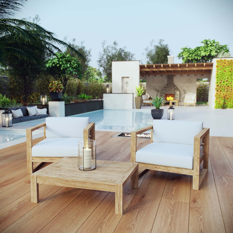 Lounge Armchair Chair Table Set, White Natural, Wood, Modern, Outdoor Patio