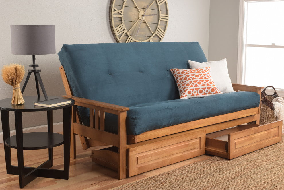 Caleb Frame Futon With Butternut Finish, Storage Drawers, Suede Blue