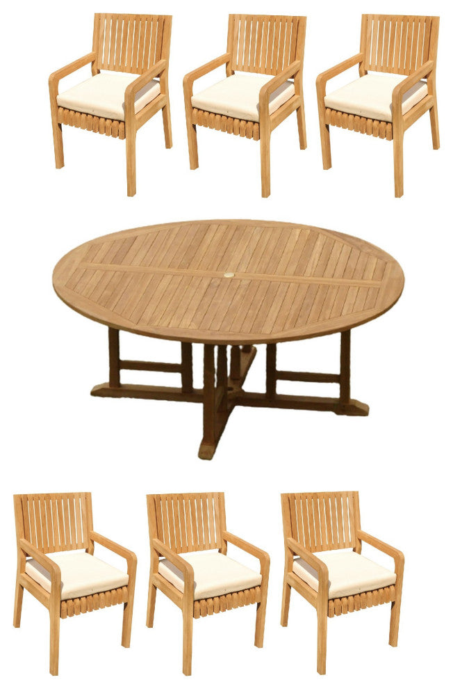 9-Piece Outdoor Patio Teak Dining Set: 72" Round Table, 8 Maldives Arm Chairs