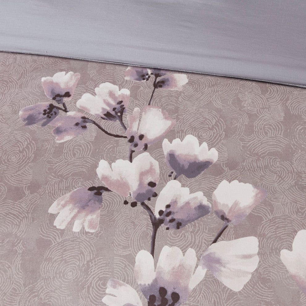 N Natori Sakura Blossom 3 Piece Cotton Sateen Printed Duvet Cover Set, Lilac