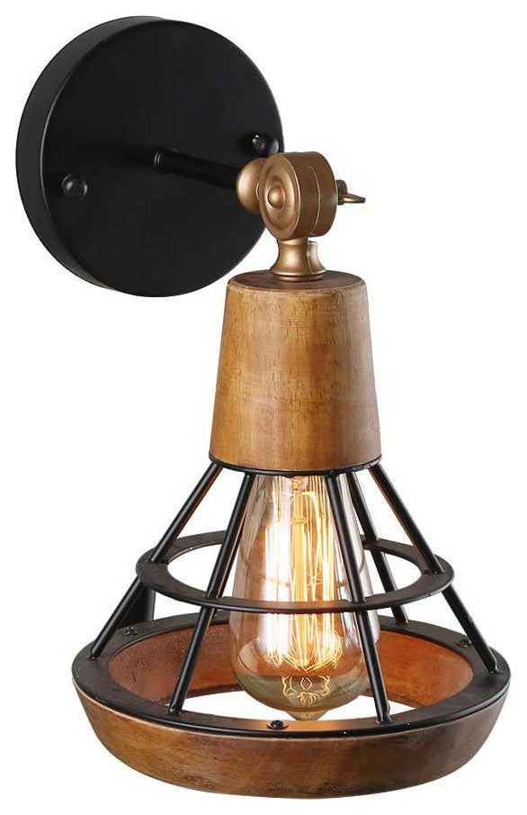 Vintage Wood Wall Sconce Industrial Cage Wall Light Fixture