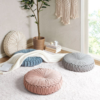 Pleated Poly Chenille Round Floor Pillow Seat Cushion, Blush