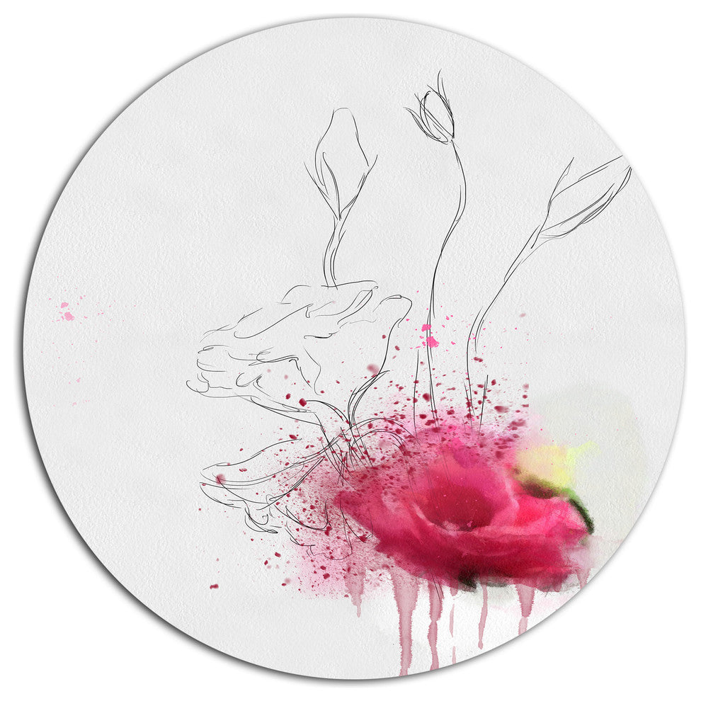 Rose Flowers Sketch With Color Splashes, Floral Disc Metal Artwork, 23"