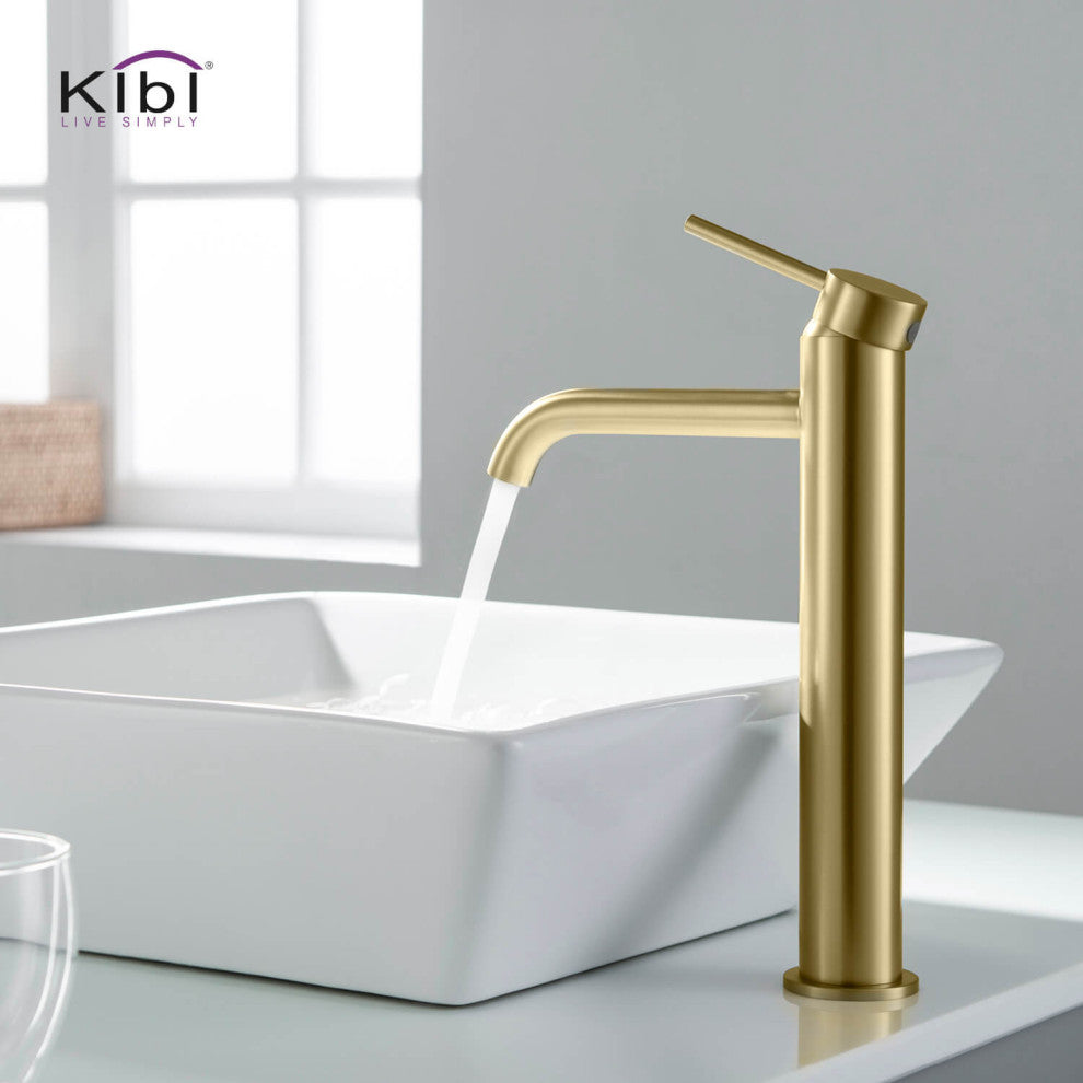 Circular Brass Single Handle Bathroom Faucet KBF1009, Brush Gold, With Drain