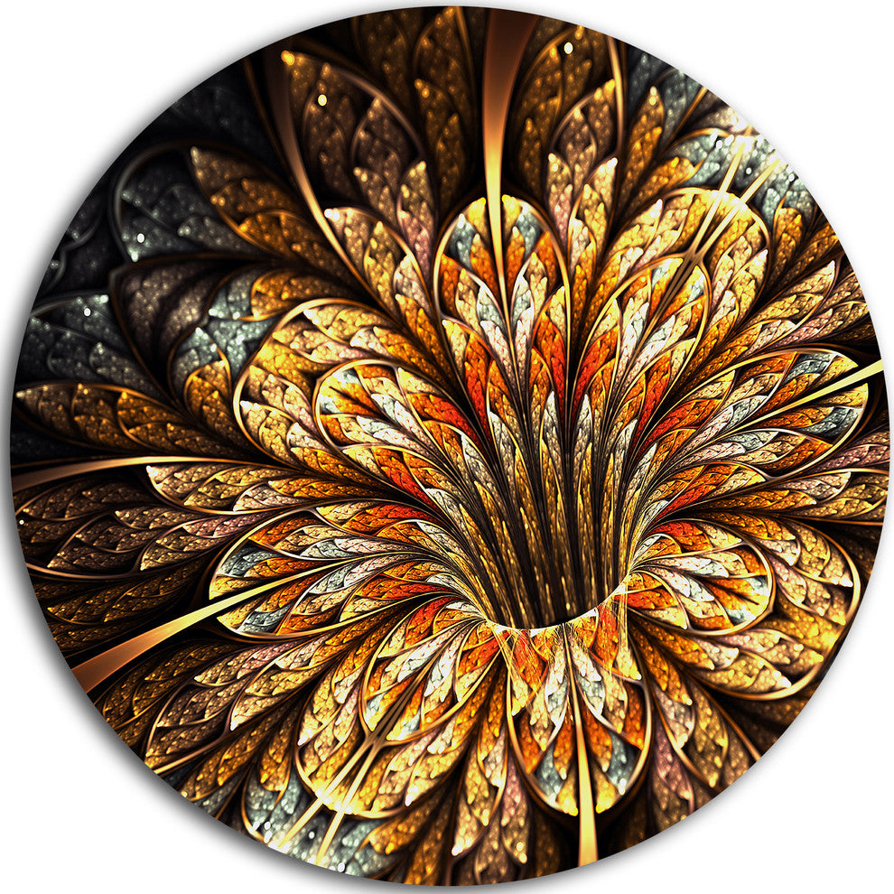 Golden Shiny Fractal Flower, Floral Digital Art Round Wall Art, 23"
