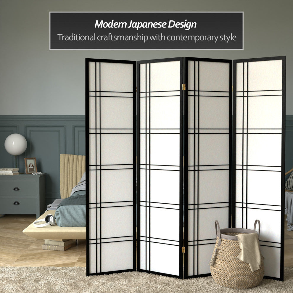 6' Tall Double Cross Shoji Screen, Black, 4 Panels