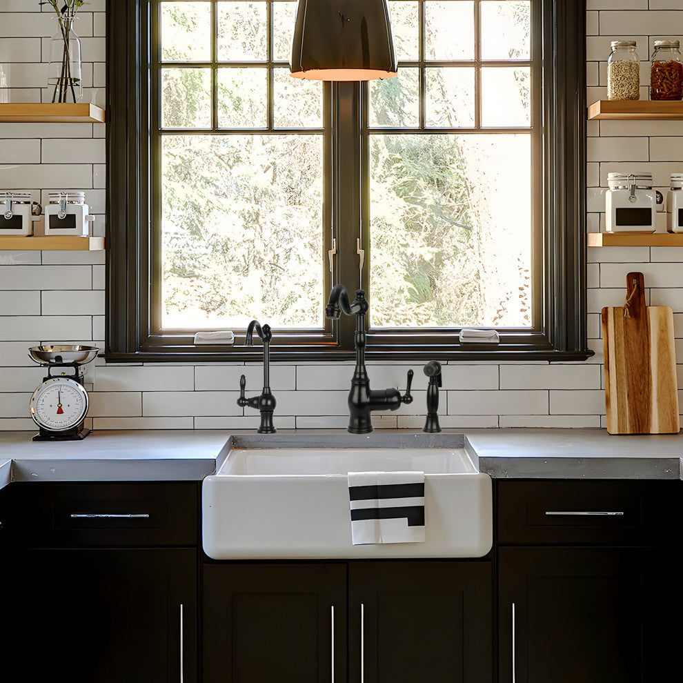 One-Handle Copper Widespread Kitchen Faucet with Side Sprayer, Matte Black