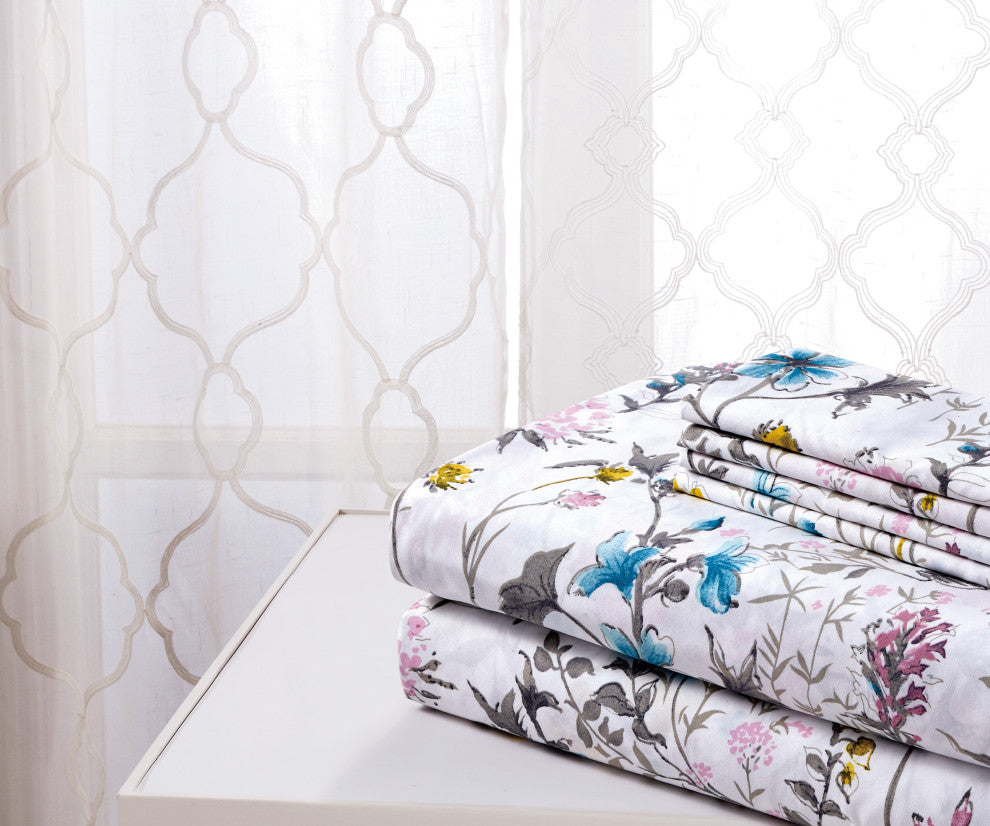 Bibb Home 4 Piece Printed Microfiber Sheet Set, Elegant Floral, Twin