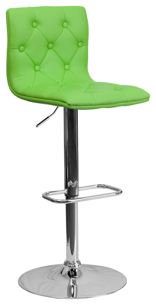 Tufted Vinyl Adjustable Height Barstool With Chrome Base, Green