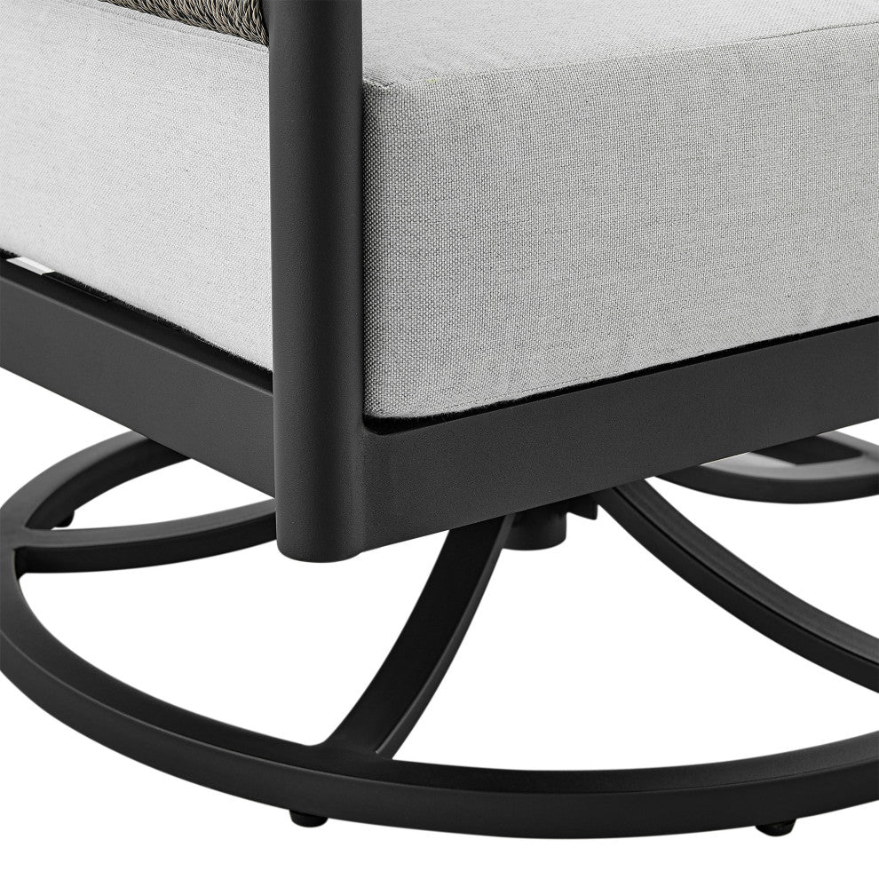 Felicia Outdoor Patio Swivel Rocking Chair in Black Aluminum and Grey Rope...