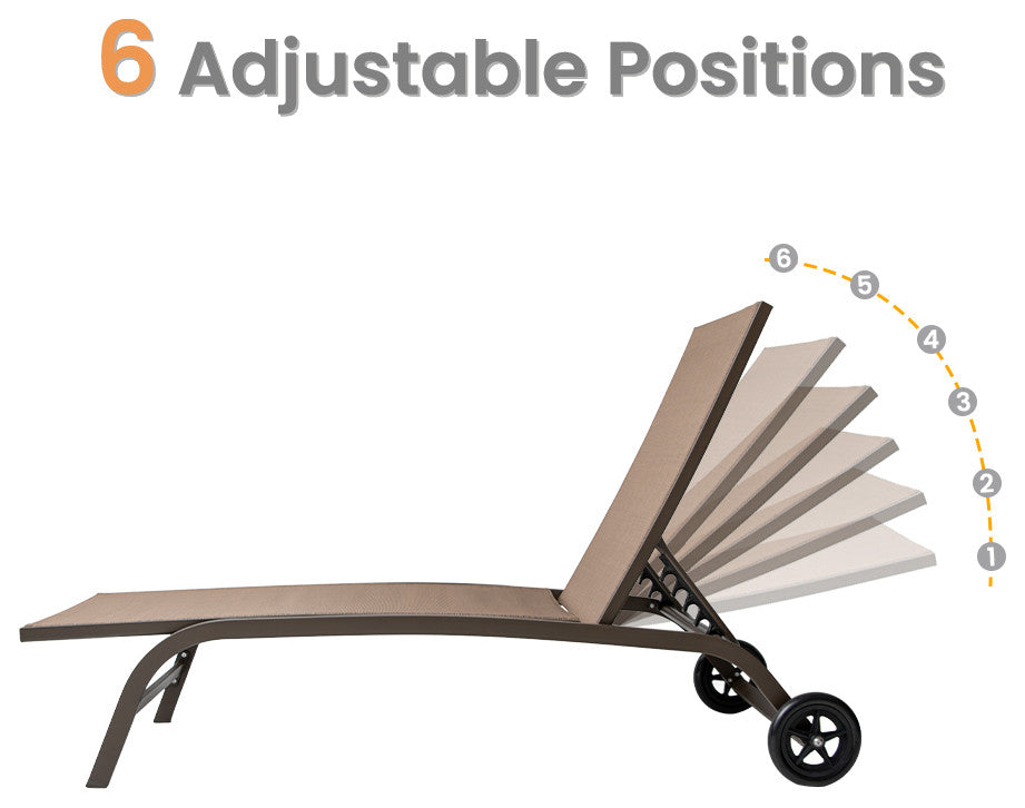 Adjustable Chaise Lounge Chair Outdoor Recliner with Wheels (Set of 2), Brown