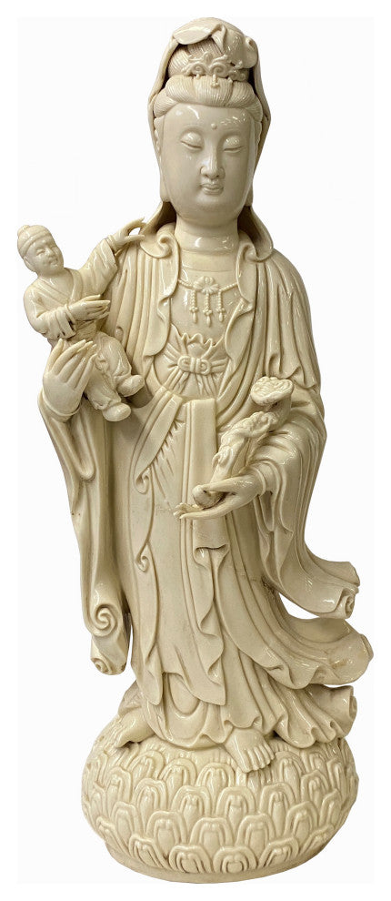 Chinese Off White Porcelain Song Zi Kwan Yin With a Boy Figure / Statue Hf312