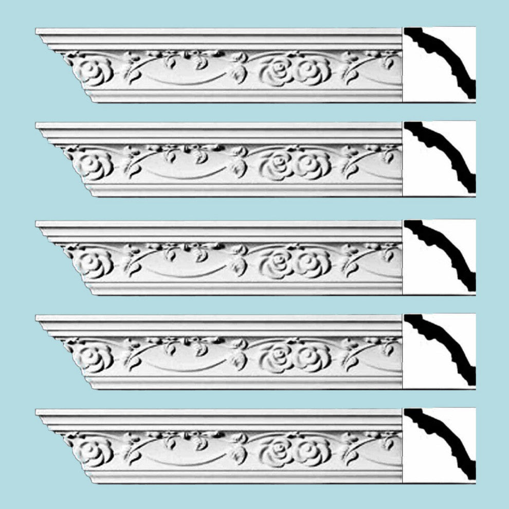 Ornate Cornice White Urethane Huntington Design 5 Pieces Totaling 470" Length