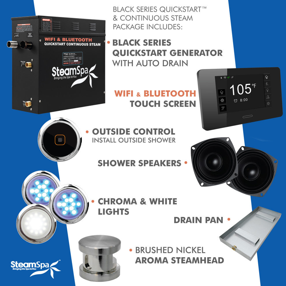 Black Series Wifi/Bluetooth 7.5kW QuickStart Steam Bath Set, Brushed Nickel