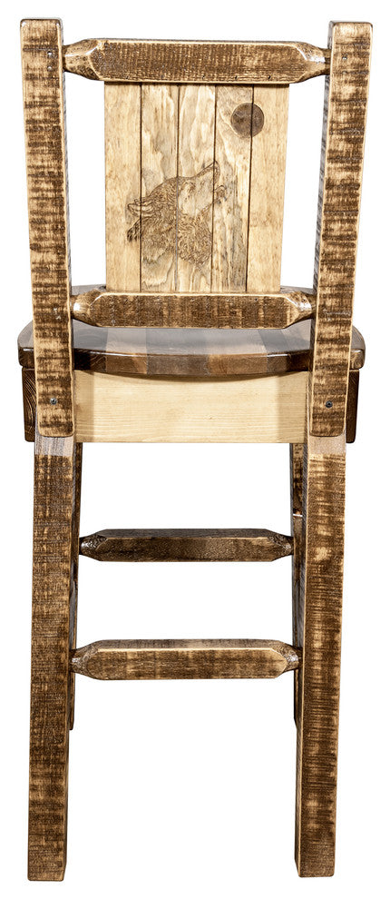 Homestead Barstool With Back, With Laser Engraved Wolf, Clear Lacquer Finish, St