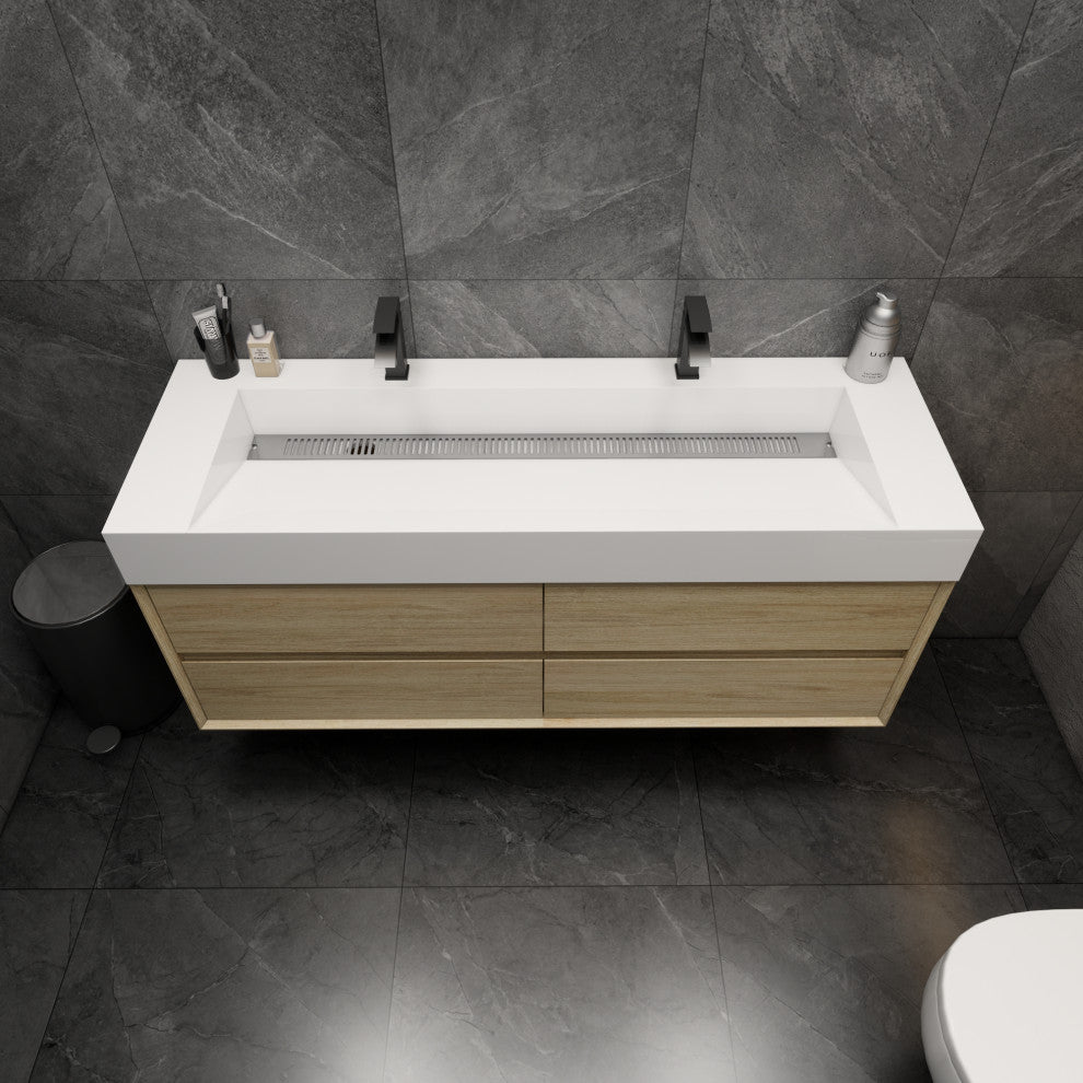 MAX 60" Double Floating Bath Vanity With Acrylic Sink, Coffee Wood