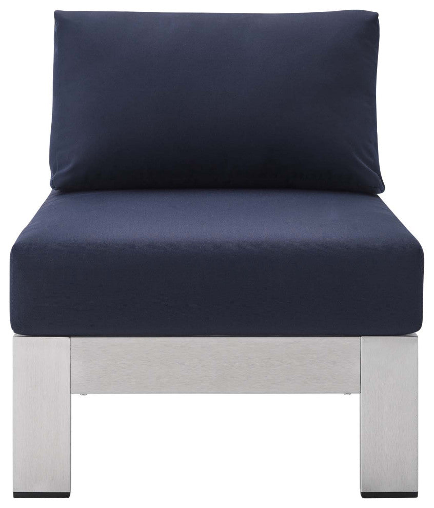 Sofa Middle Chair, Sunbrella, Fabric, Aluminum, Metal, Silver Blue Navy, Outdoor