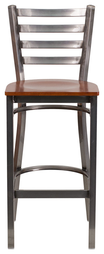 Clear Coated Ladder Back Metal Restaurant Barstool, Cherry Wood Seat