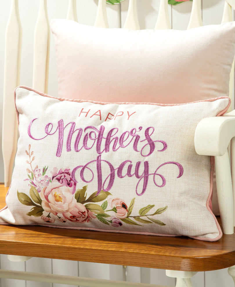 18" Faux Burlap Happy Mother's Day Floral Pillow