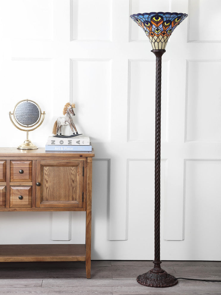 Peacock Tiffany-Style 70" Torchiere Floor Lamp, Bronze