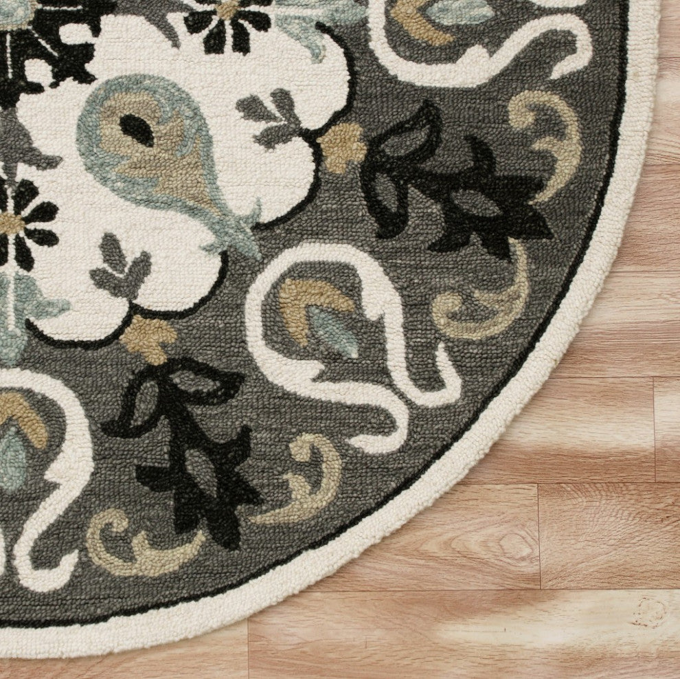 7" Round Gray and White Floral Medallion Area Rug