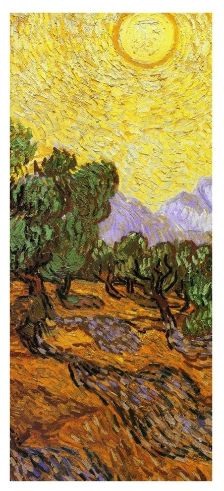 "Olive Trees With Yellow Sky And Sun (center)" Paper Art, 19"x42"