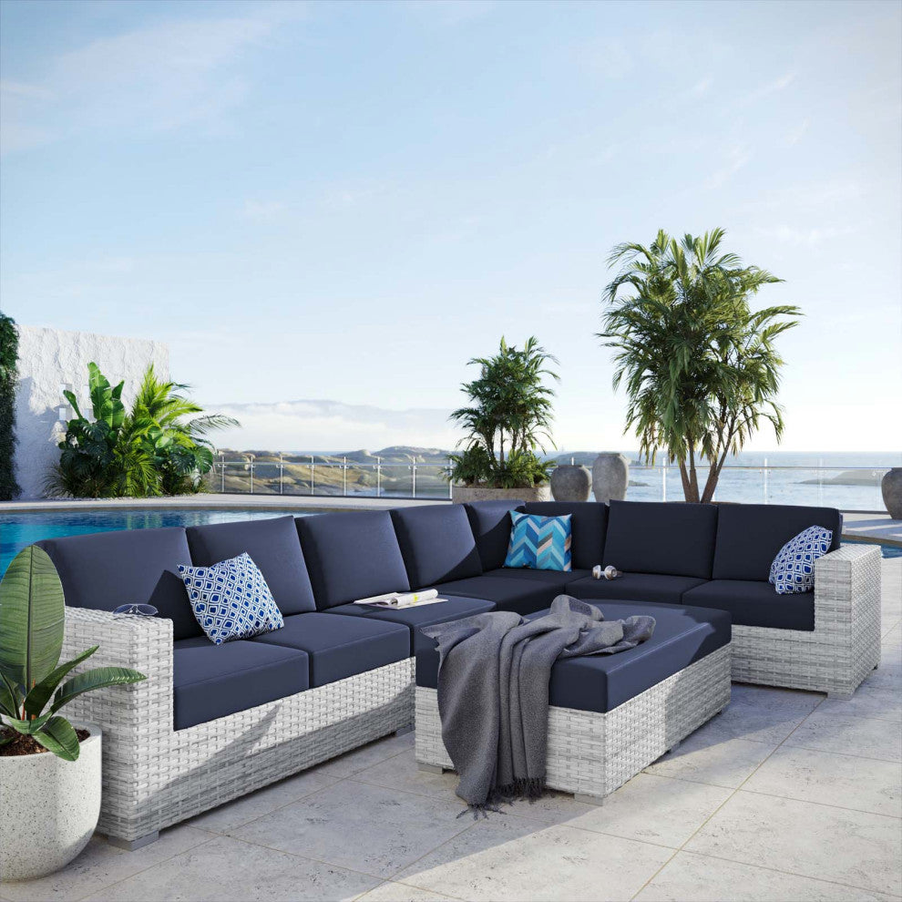 Lounge Sectional Sofa Chair Set, Rattan, Wicker, Gray Blue Navy, Outdoor