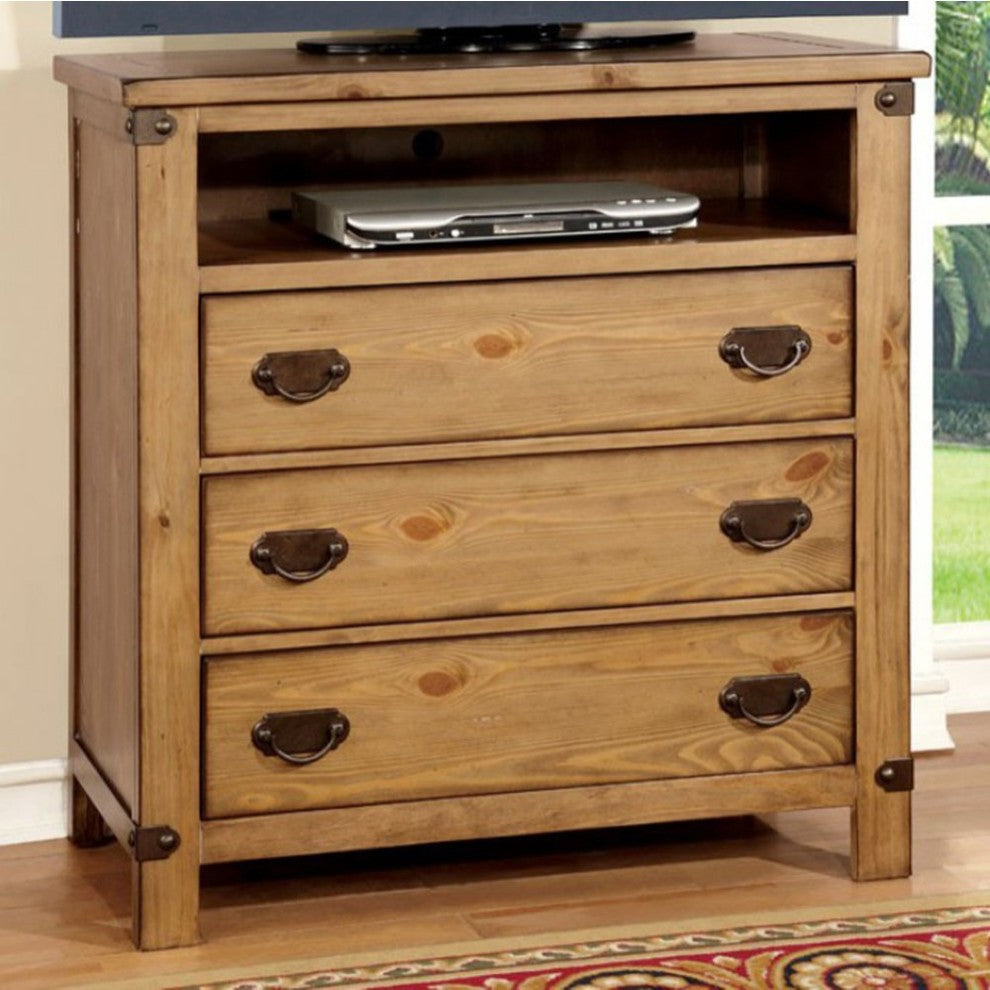 Benzara BM123483 Burnished Pine Wood Media Chest, Brown