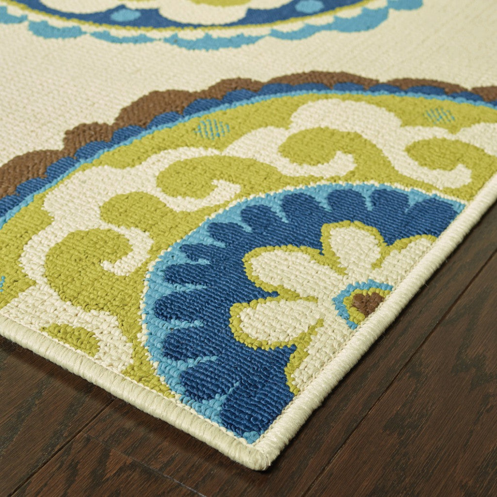 HomeRoots 7' Ivory Indigo and Lime Medallion Disc Indoor Outdoor Area Rug