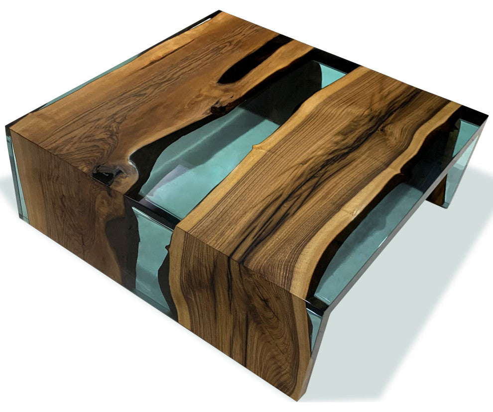 Smoked Aqua Green Waterfall Coffee Table, 27.6"
