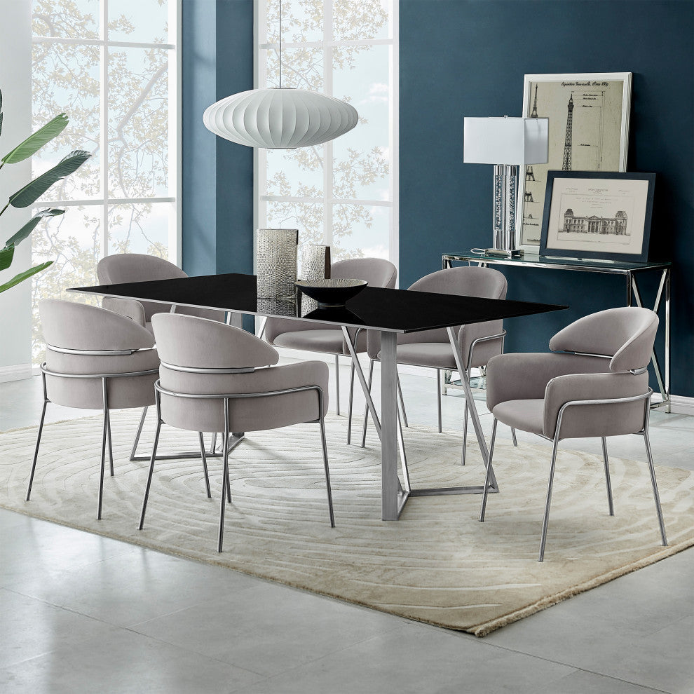 Portia Gray Velvet and Brushed Stainless Steel Dining Room Chairs, Set of 2