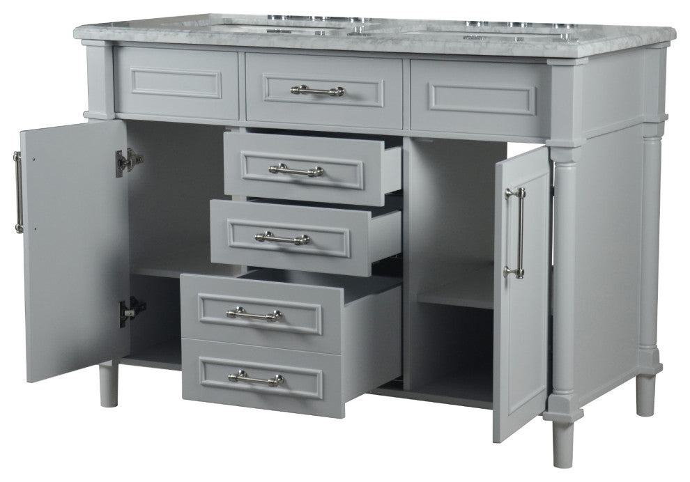 48" Double Vanity, Light Gray With White Carrara Marble Top