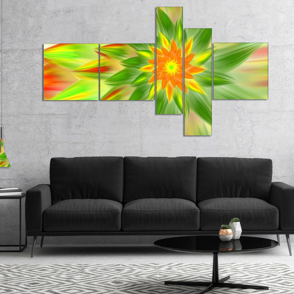 Dancing Green Fractal Flower, Floral Canvas Art Print, 60"x32", 5 panels